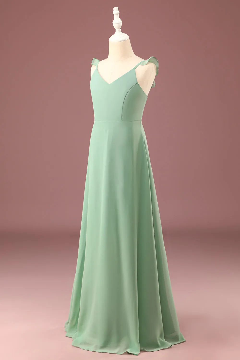 A-line Long Chiffon Matcha V-neck Spaghetti Straps Junior Bridesmaid Dress