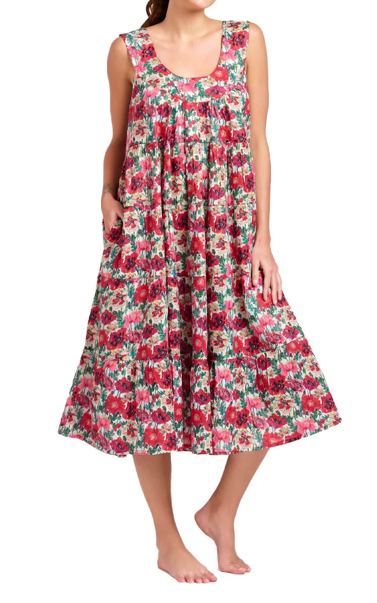 Arabella Chelsea Tiered Cotton Nightgown/Day Dress in Vibrant Red Floral MD-764F4