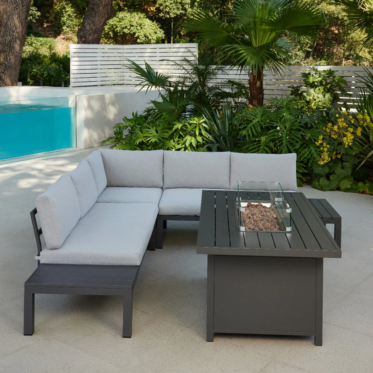 Bahia Luxury Corner Garden Sofa with Fire Pit Table, Grey