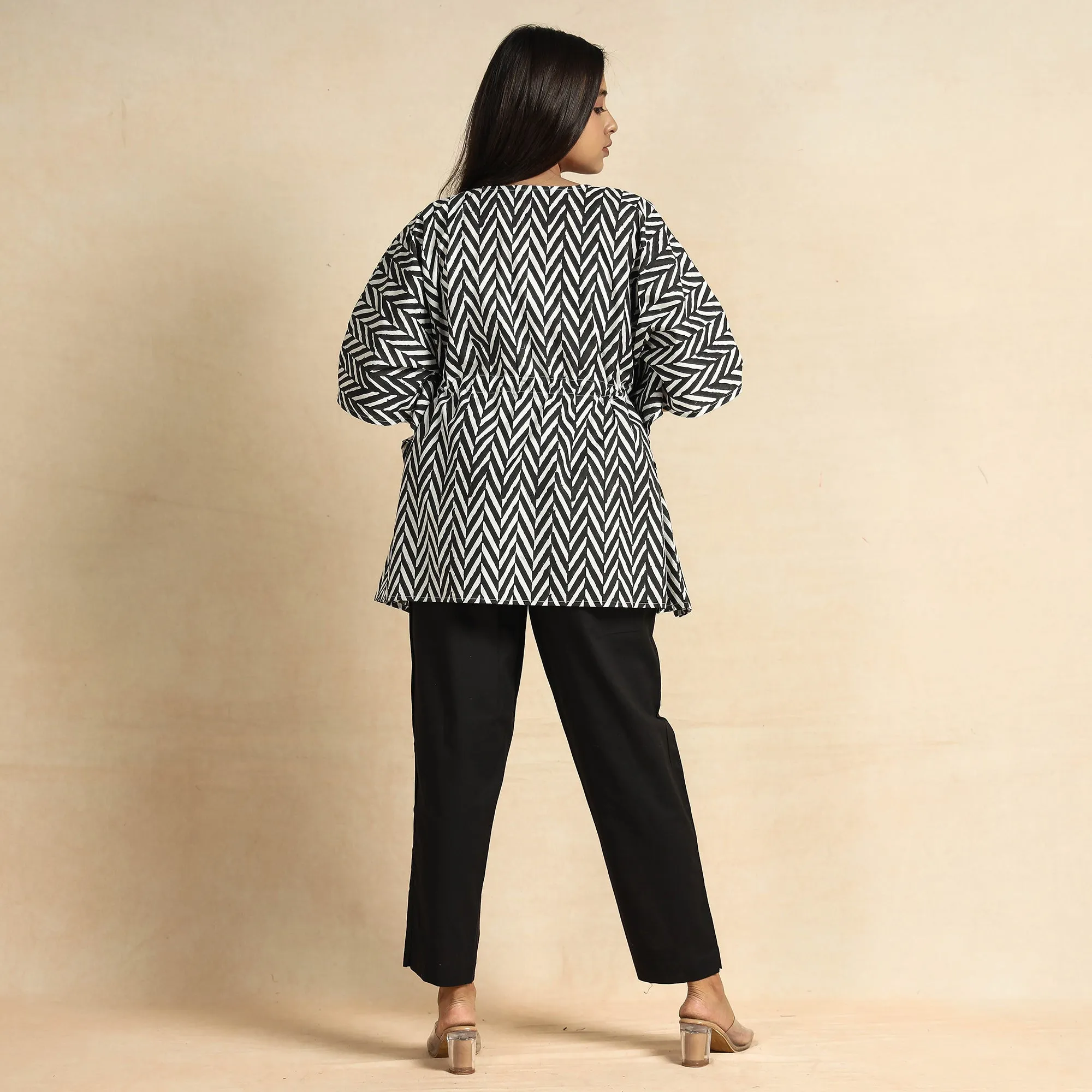 Black - Sanganeri Block Printed Cotton Kaftan & Pyjama Night Suit Set