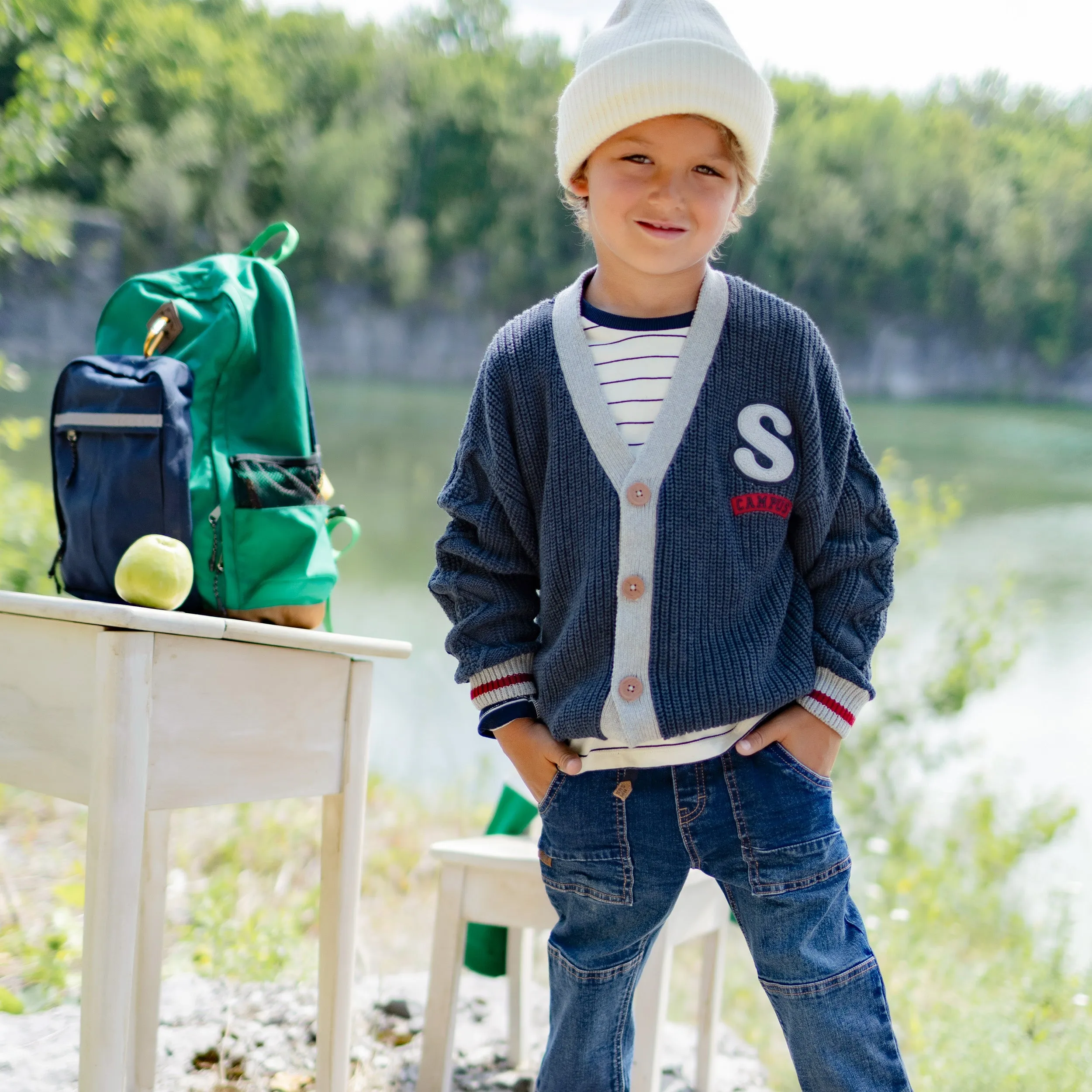 Cardigan en tricot marine-gris effet bas de laine, enfant || Navy gray knitted cardigan with wool socks effect, child