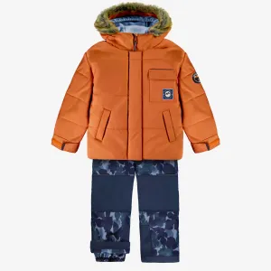 Habit de neige deux pièces orange brulé et bleu à motifs, enfant || Two-piece burnt orange and blue snowsuit with all over print, child