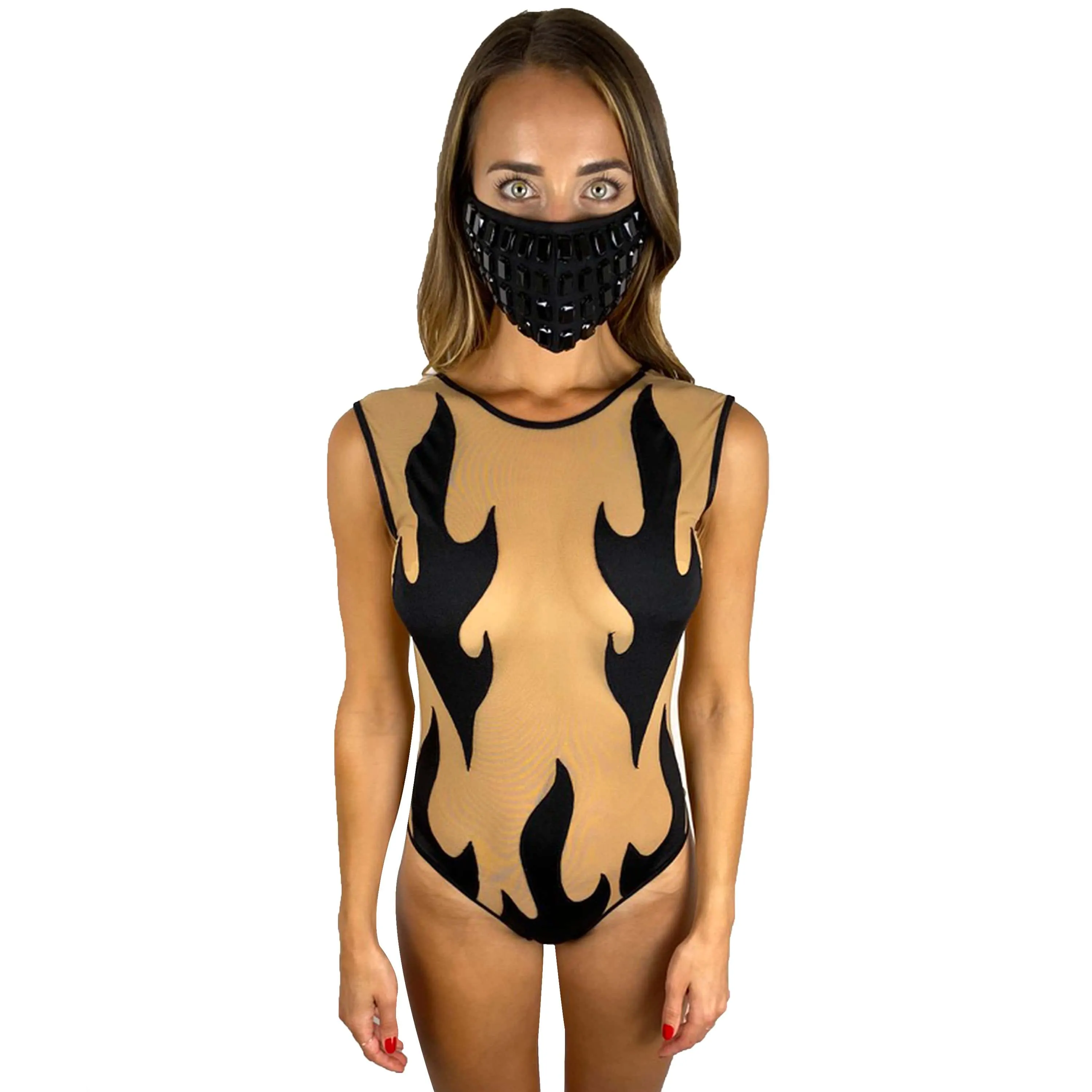 Inferni Black Flame Nude Mesh One Piece BodySuits