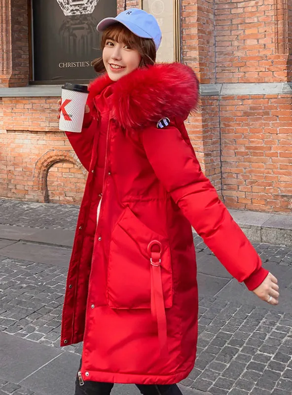 Long Letter Print Parkas Coat Double Warm Big Fur