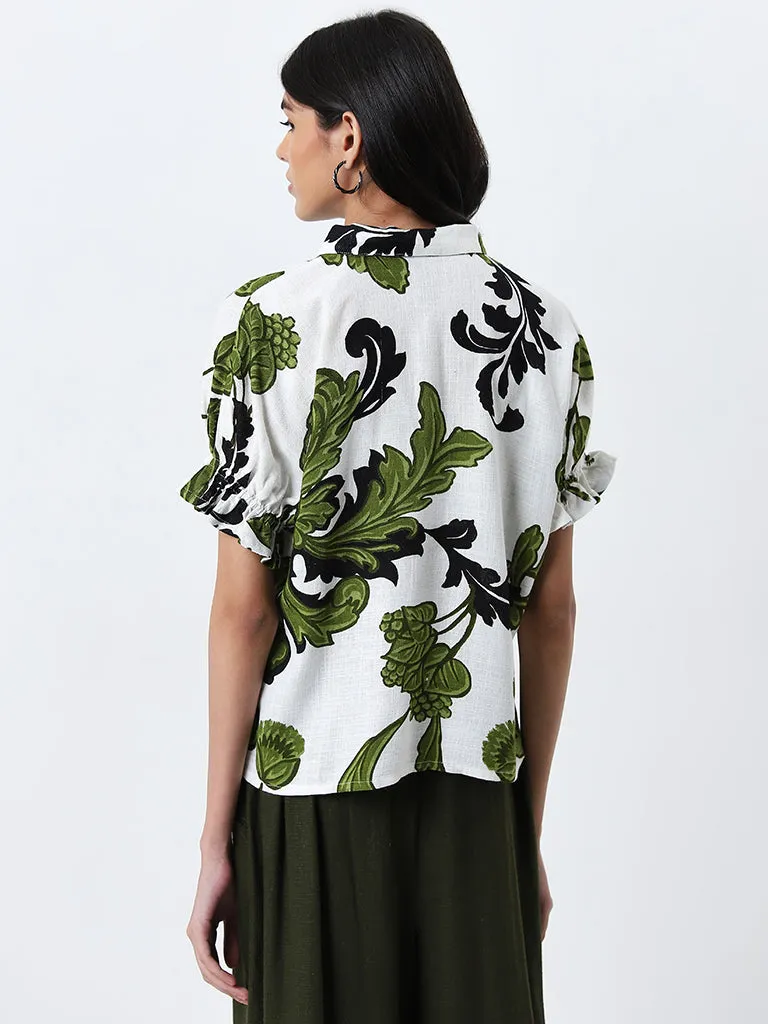 LOV Off-White Foliage Printed Blended Linen Shirt