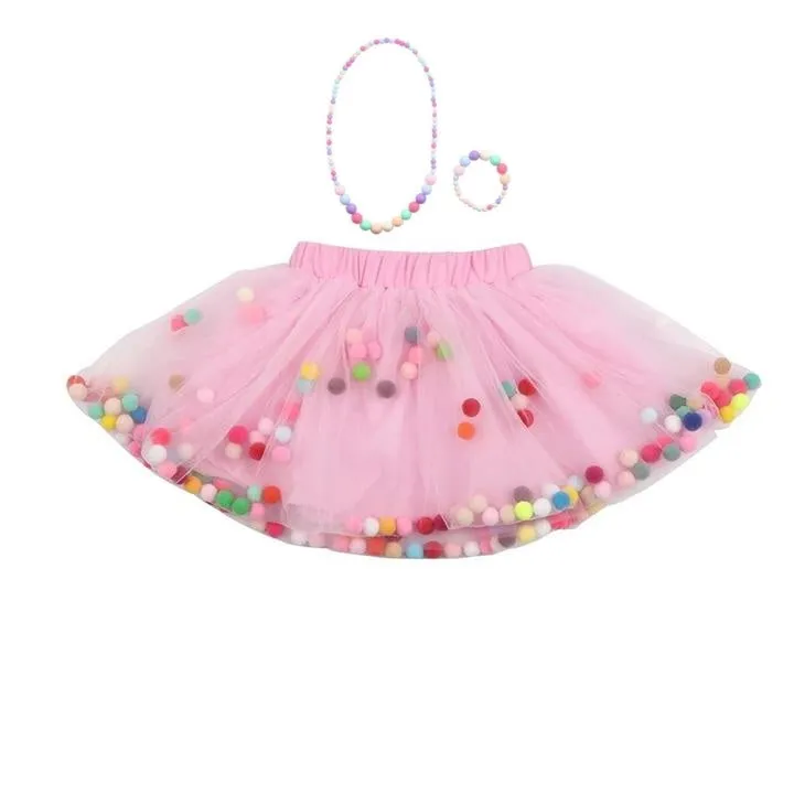 Pink Tutu For Girls | Pom Pom Tutu Skirt With Necklace and Bracelet | 3Pcs Set