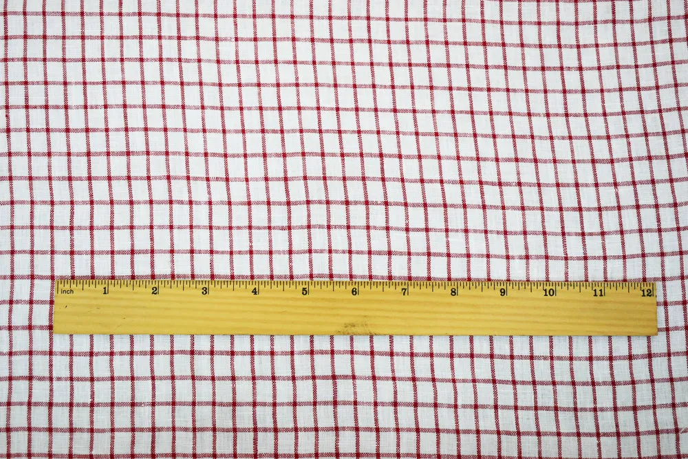 Red-White Moygashel Washed Grid Check Irish Linen Woven Fabric