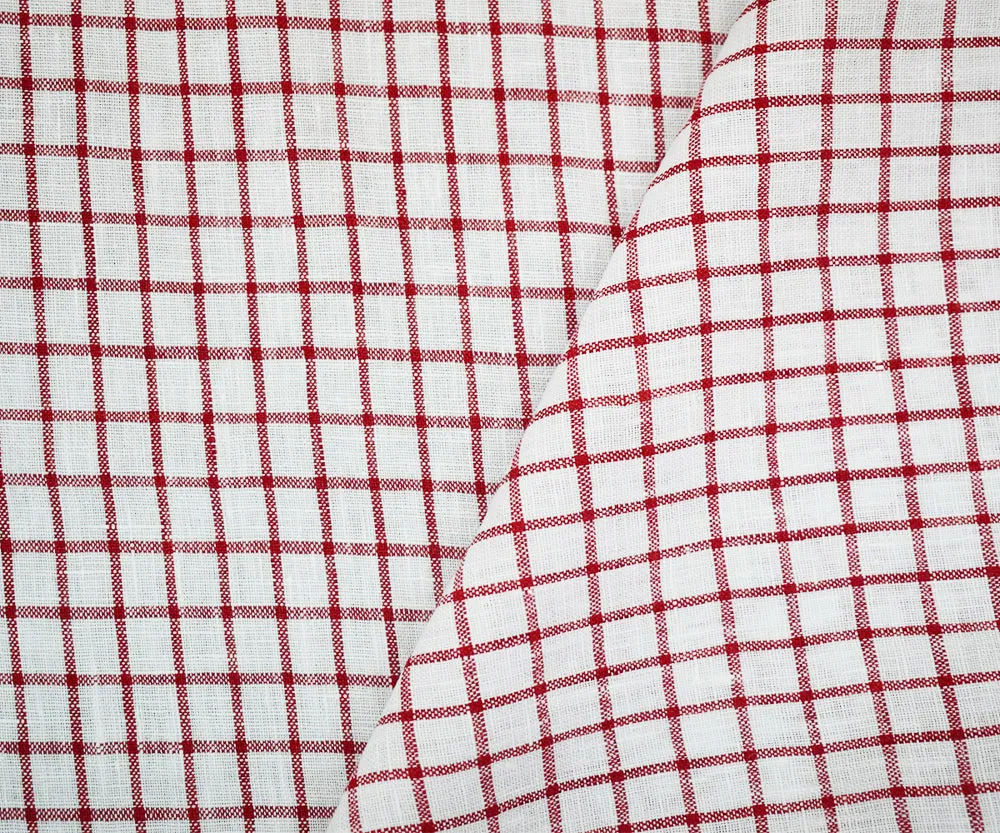 Red-White Moygashel Washed Grid Check Irish Linen Woven Fabric