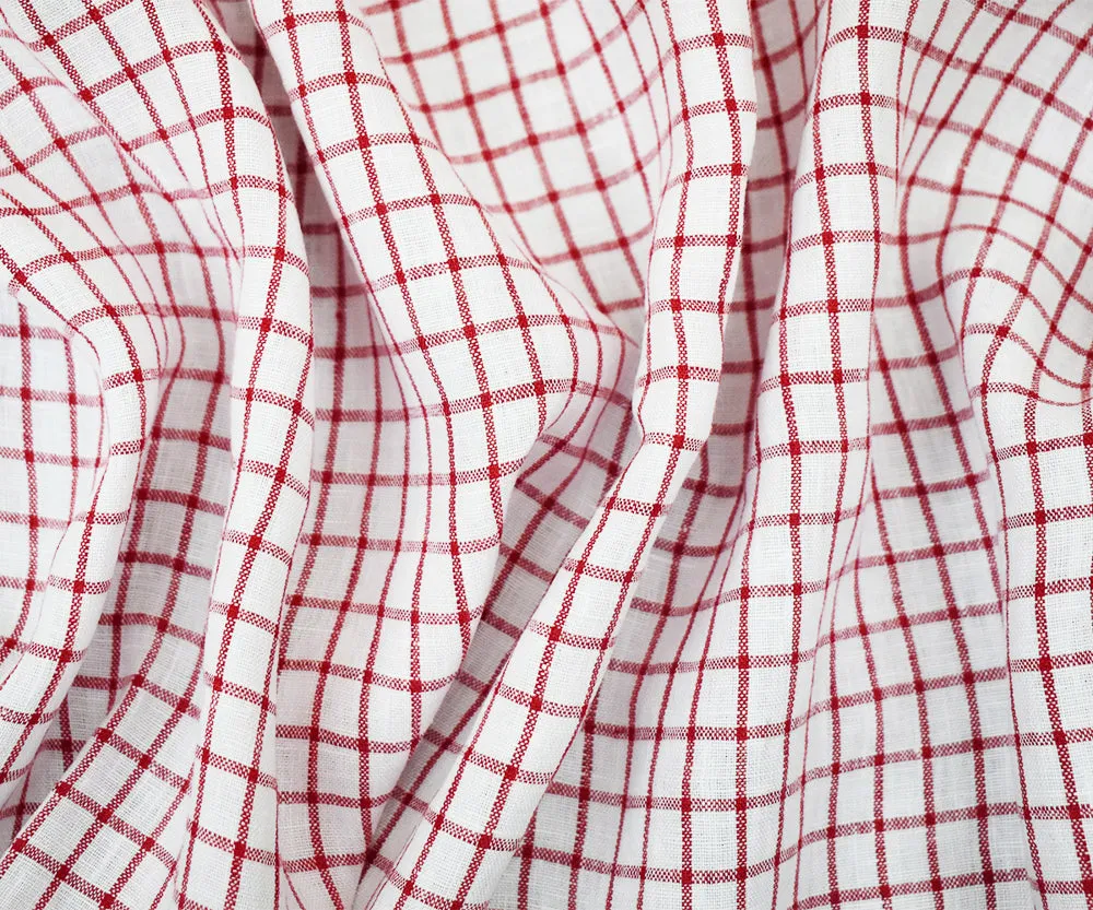 Red-White Moygashel Washed Grid Check Irish Linen Woven Fabric