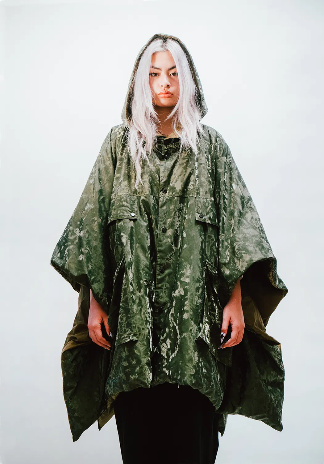 Reversible Hooded Down Poncho - Green