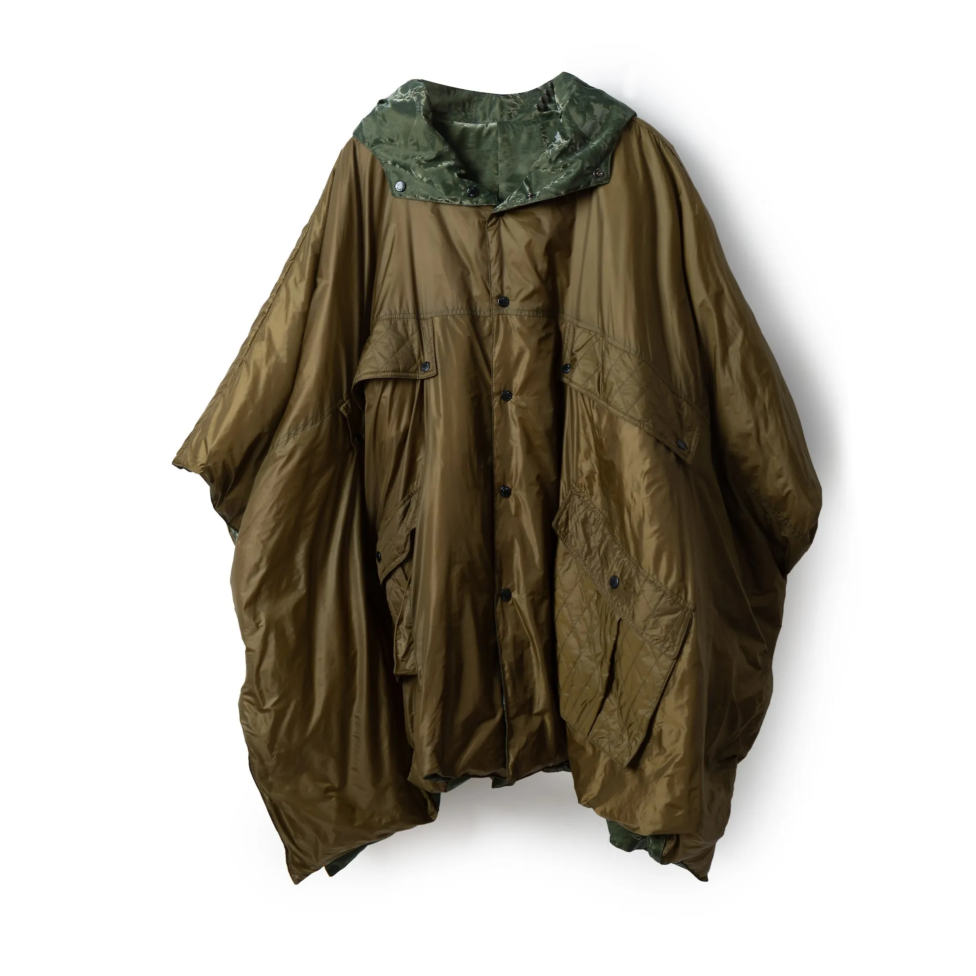 Reversible Hooded Down Poncho - Green