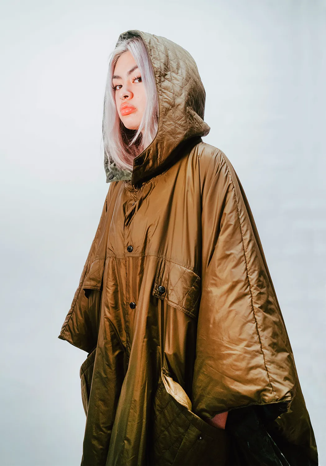 Reversible Hooded Down Poncho - Green