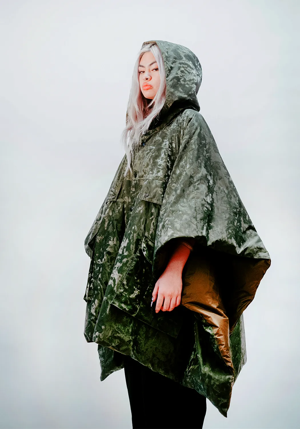 Reversible Hooded Down Poncho - Green