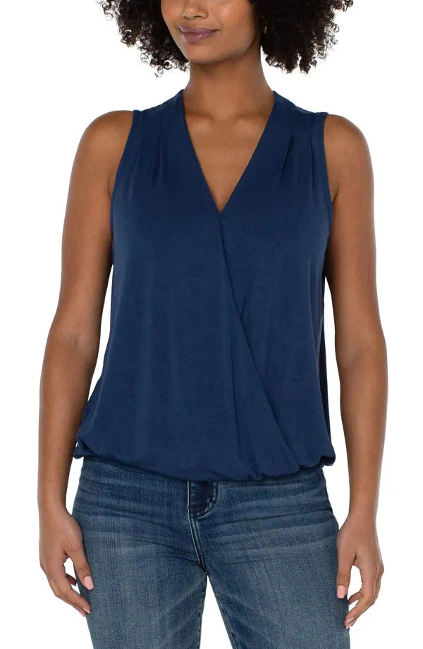 Sleeveless V-Neck Drape Front Knit Top | Night Blue Sky, White