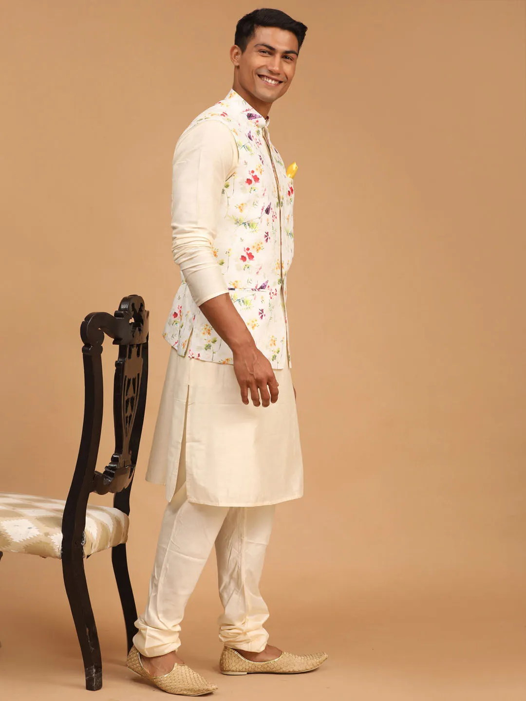 VASTRAMAY Cream Nehru Jacket Set