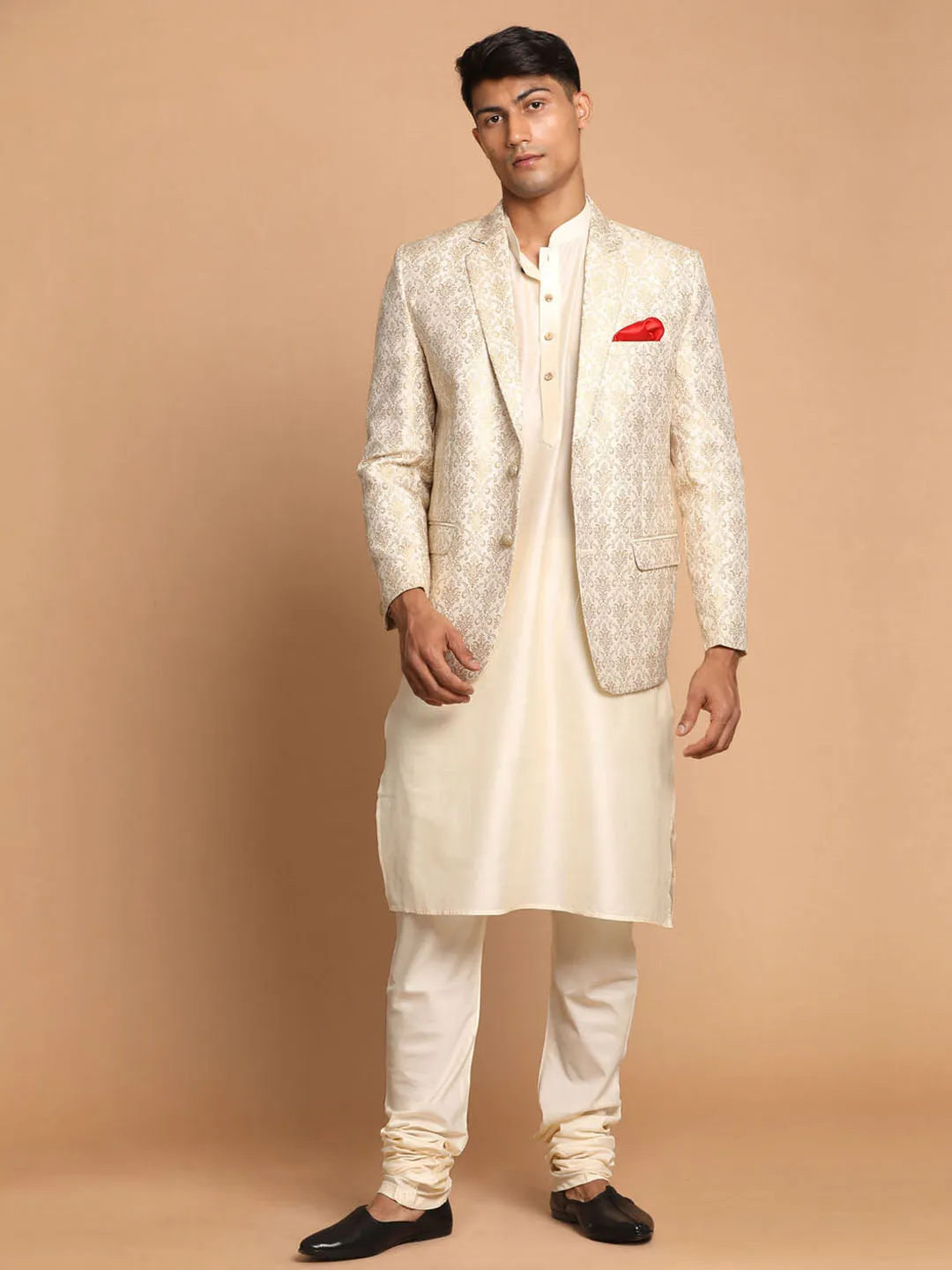 VASTRAMAY Gold Blazer & Cream Kurta Set