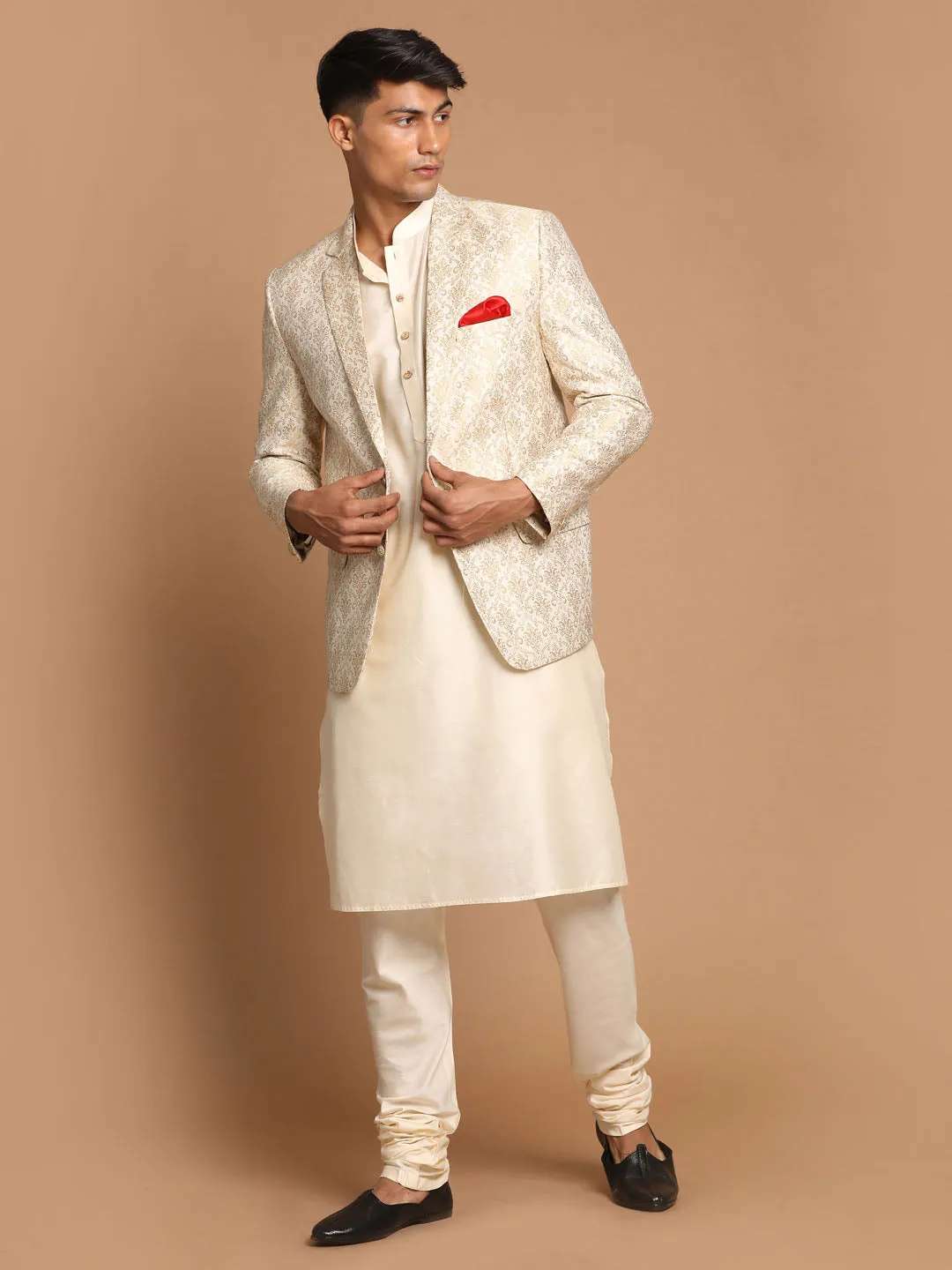 VASTRAMAY Gold Blazer & Cream Kurta Set