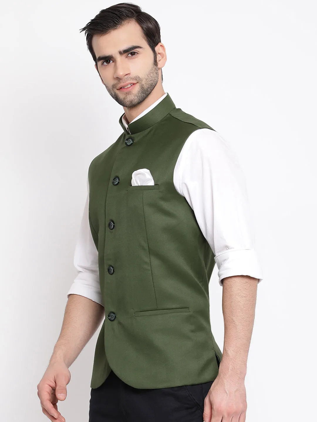 VASTRAMAY Green Cotton Nehru Jacket