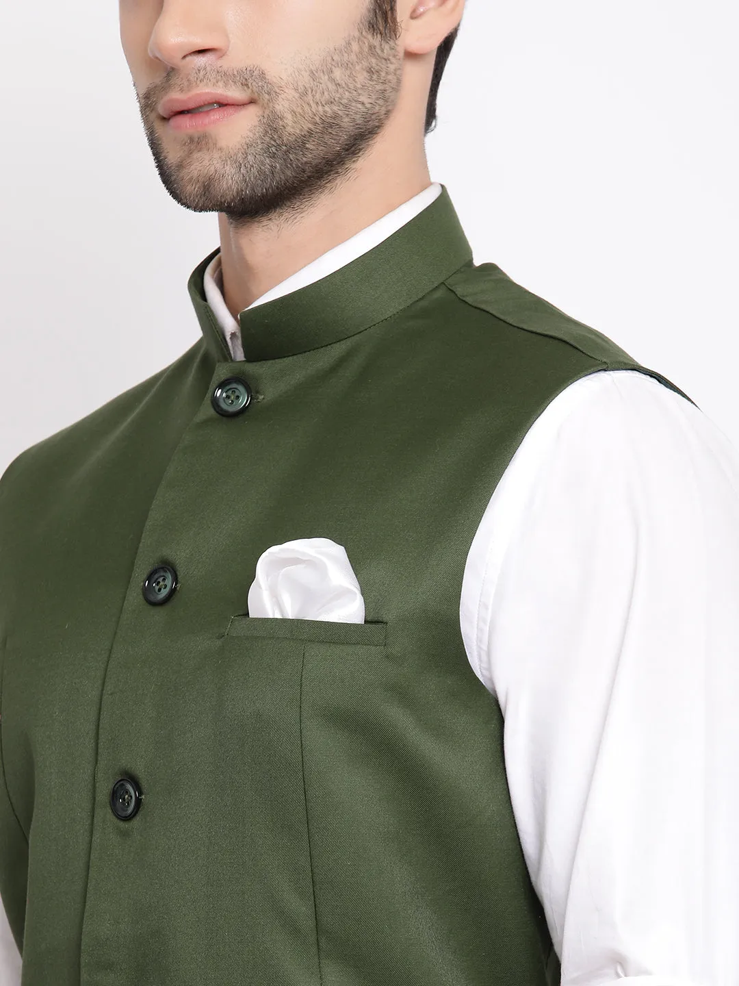 VASTRAMAY Green Cotton Nehru Jacket