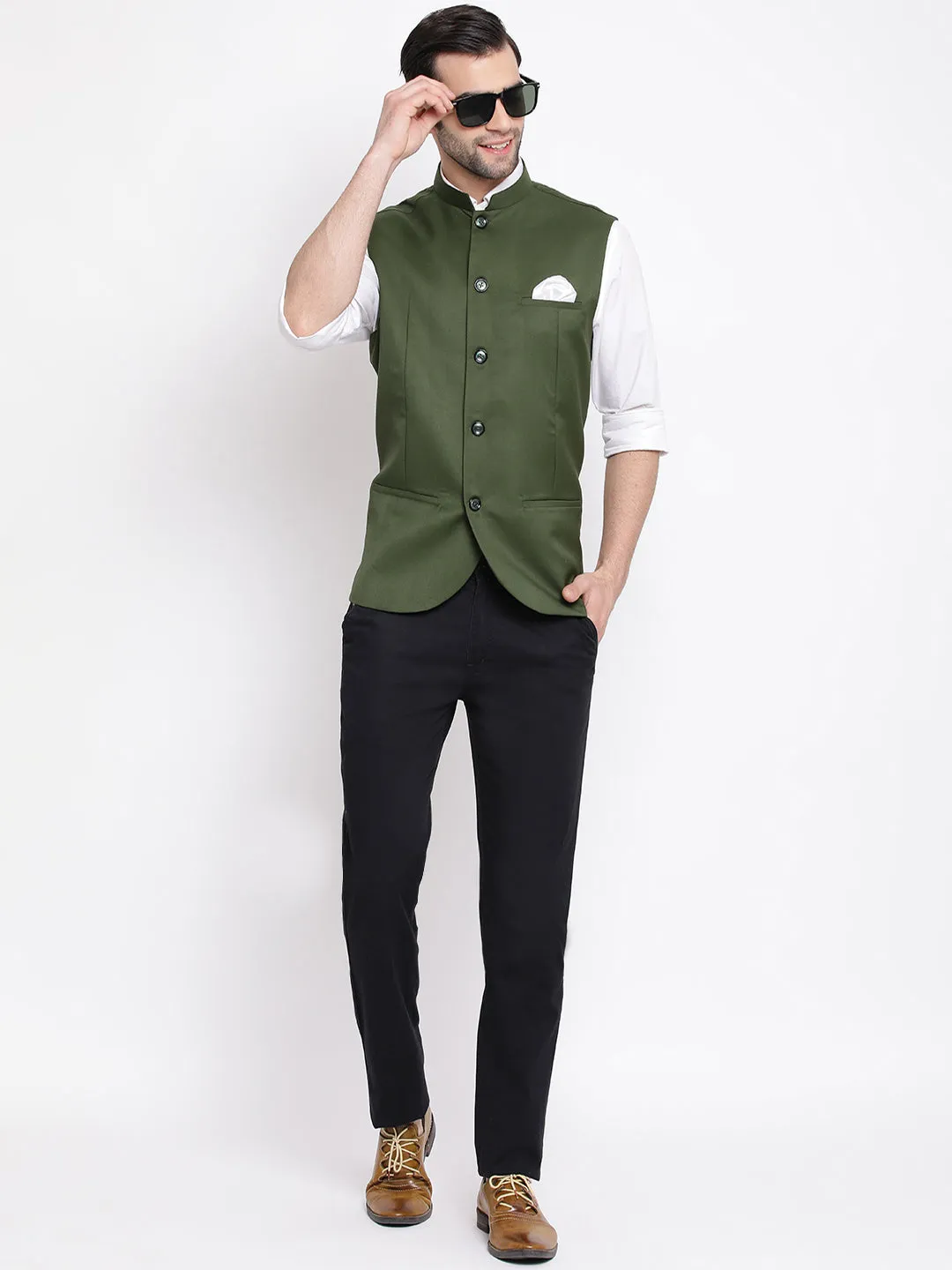 VASTRAMAY Green Cotton Nehru Jacket