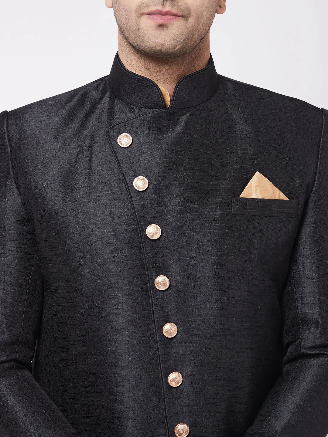 VASTRAMAY Men's Black Sherwani with Rose Gold Pyjama