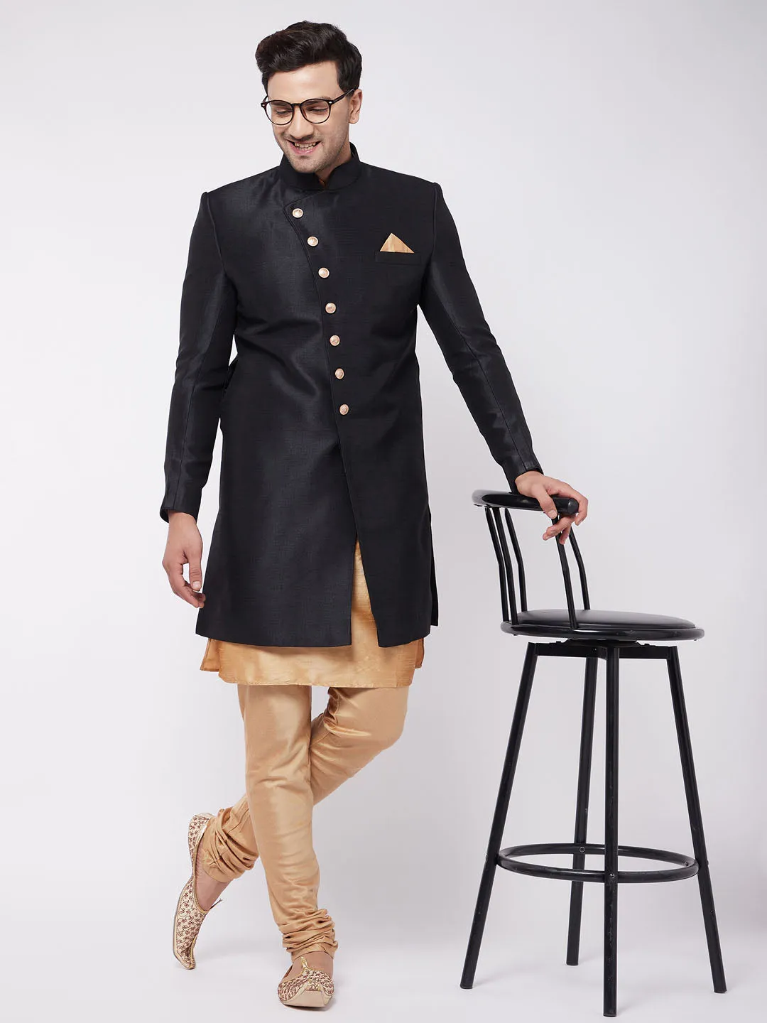 VASTRAMAY Men's Black Sherwani with Rose Gold Pyjama