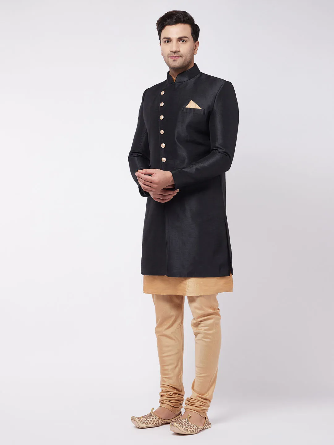 VASTRAMAY Men's Black Sherwani with Rose Gold Pyjama