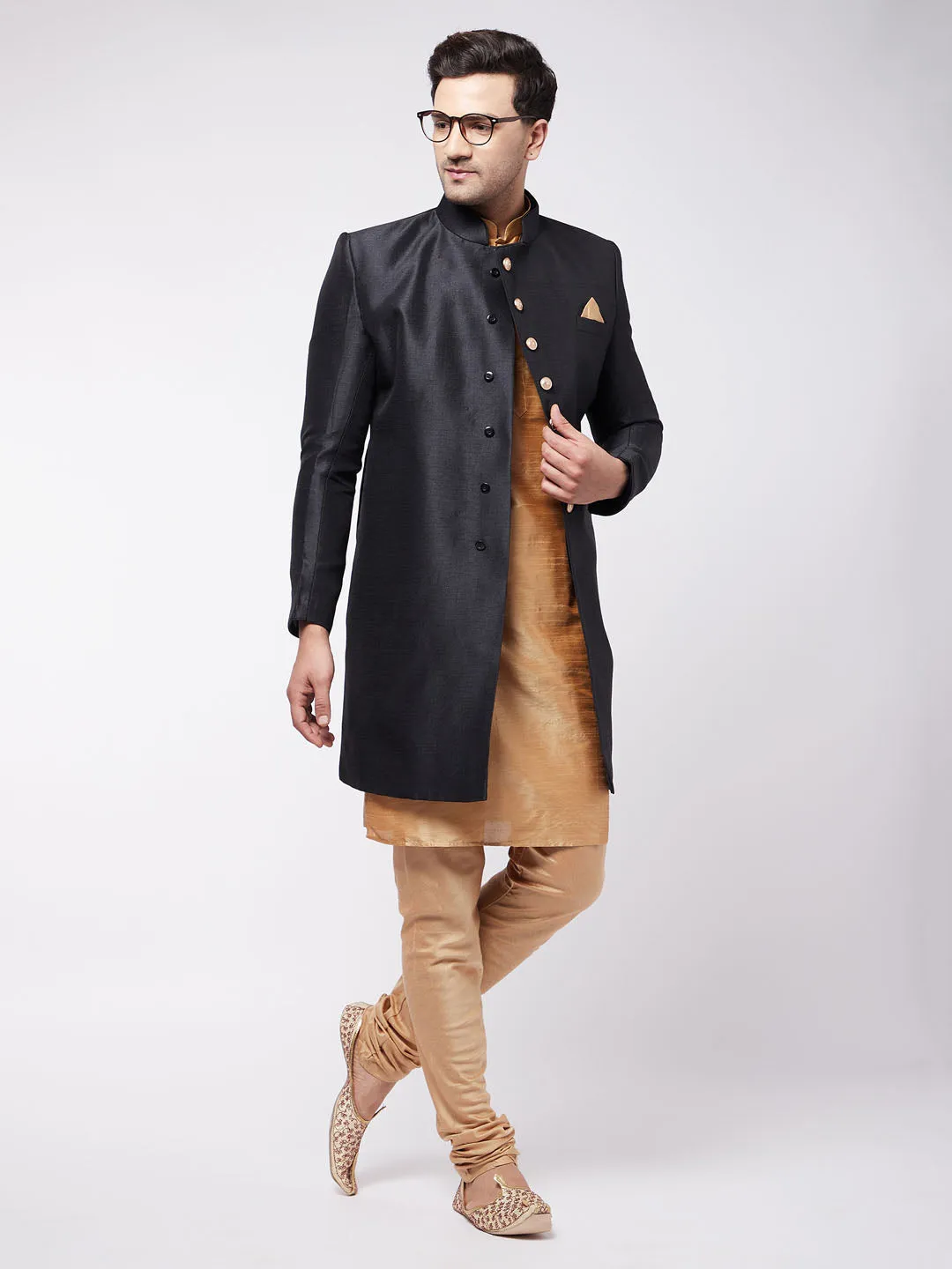 VASTRAMAY Men's Black Sherwani with Rose Gold Pyjama