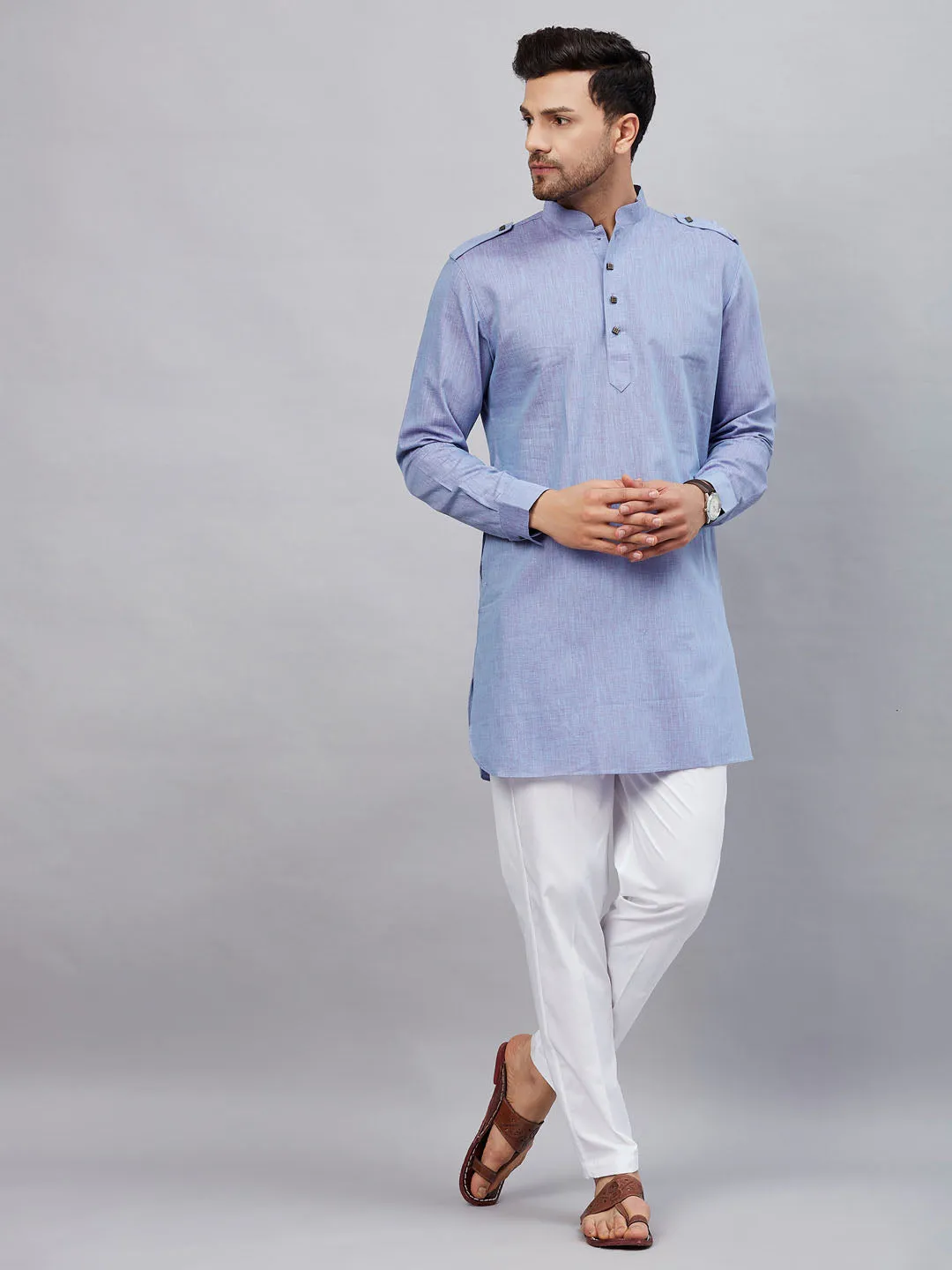 VASTRAMAY Men's Blue Kurta White Pant