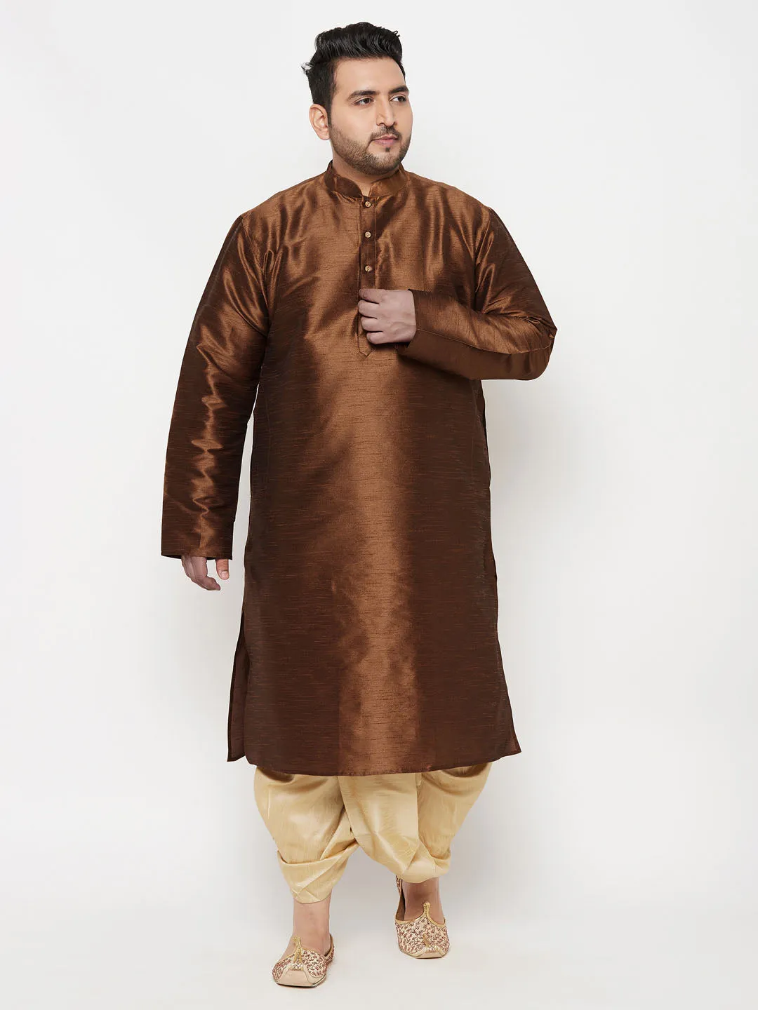 VASTRAMAY Men's Coffee Silk Kurta Dhoti