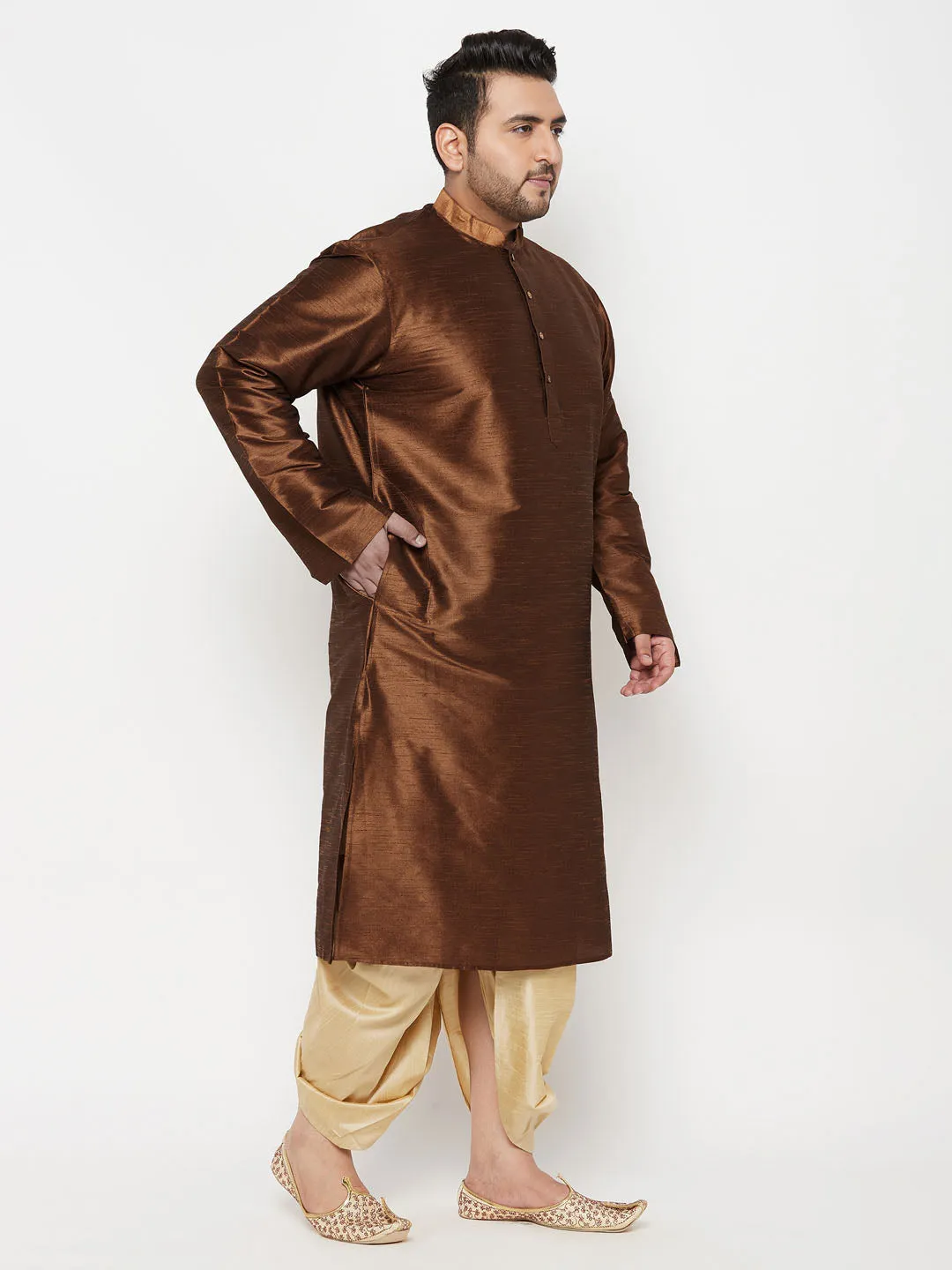 VASTRAMAY Men's Coffee Silk Kurta Dhoti