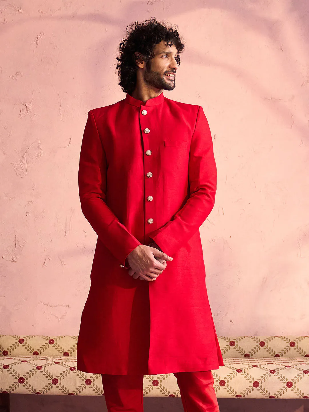 Vastramay Red Silk Solid Sherwani