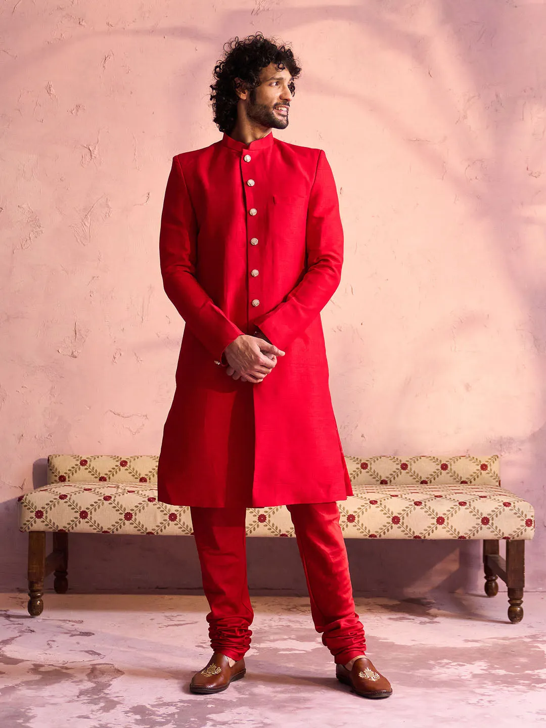 Vastramay Red Silk Solid Sherwani