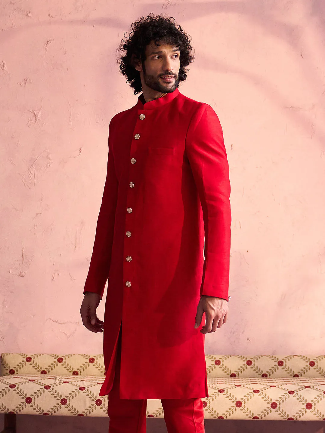 Vastramay Red Silk Solid Sherwani