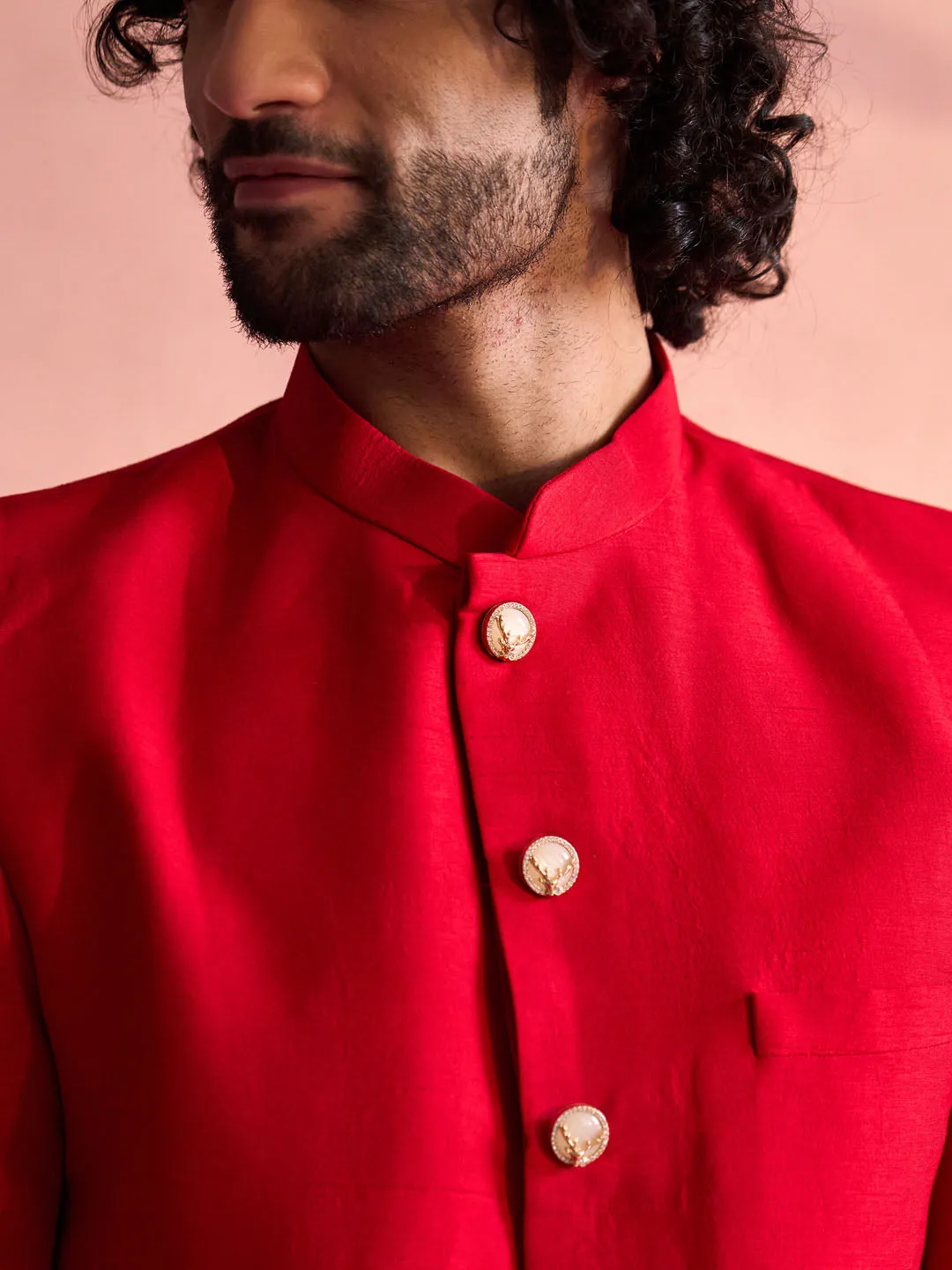 Vastramay Red Silk Solid Sherwani