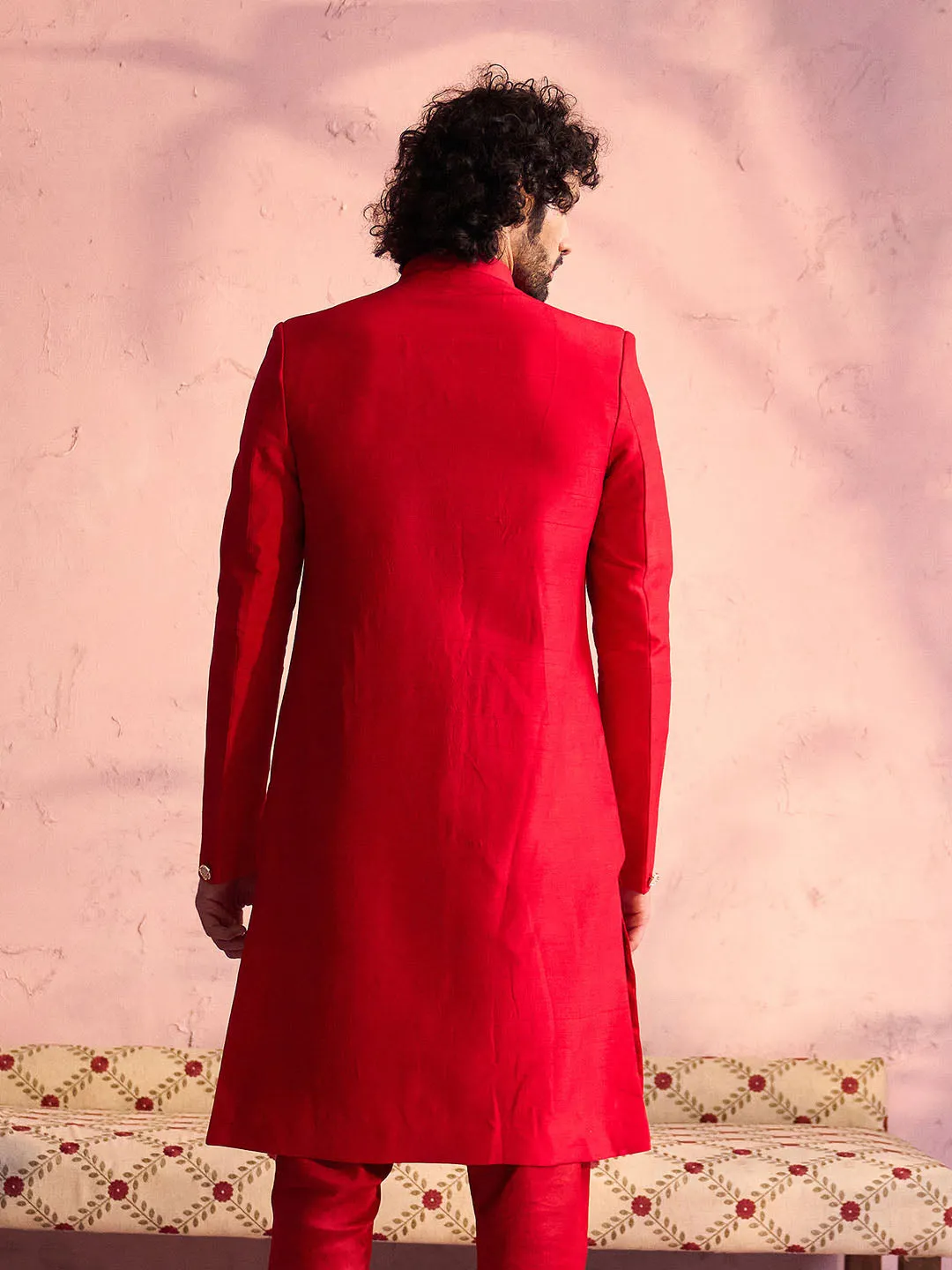 Vastramay Red Silk Solid Sherwani