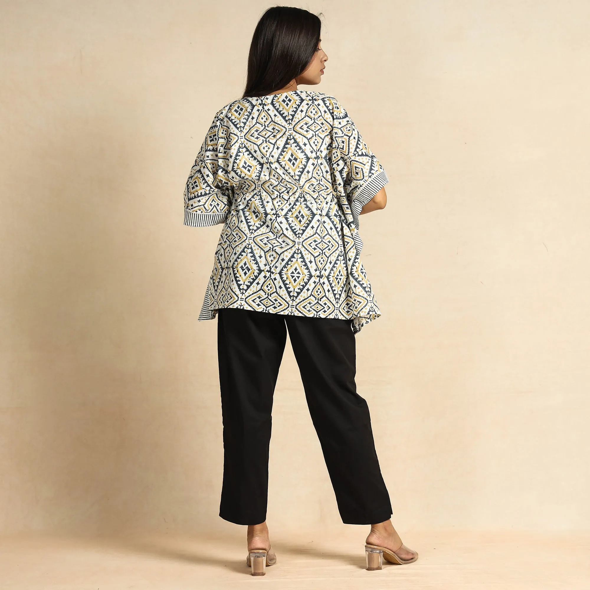 White - Sanganeri Block Printed Cotton Kaftan & Pyjama Night Suit Set