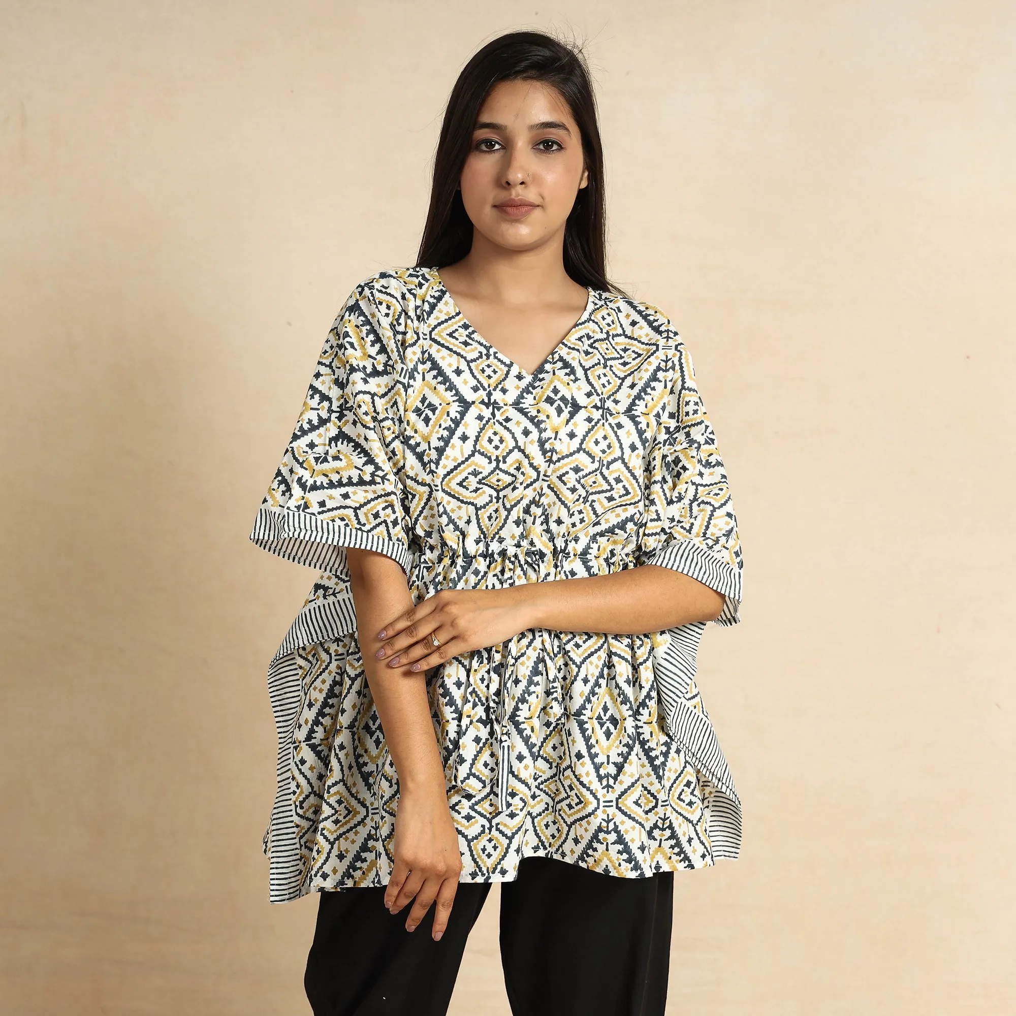 White - Sanganeri Block Printed Cotton Kaftan & Pyjama Night Suit Set