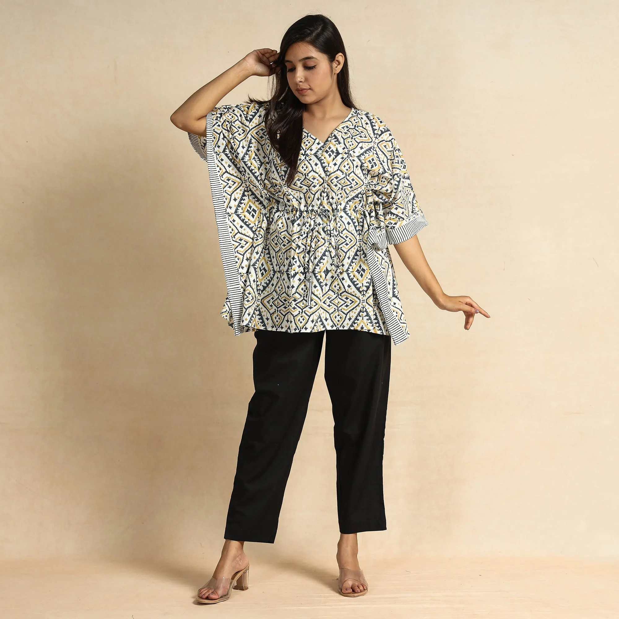 White - Sanganeri Block Printed Cotton Kaftan & Pyjama Night Suit Set