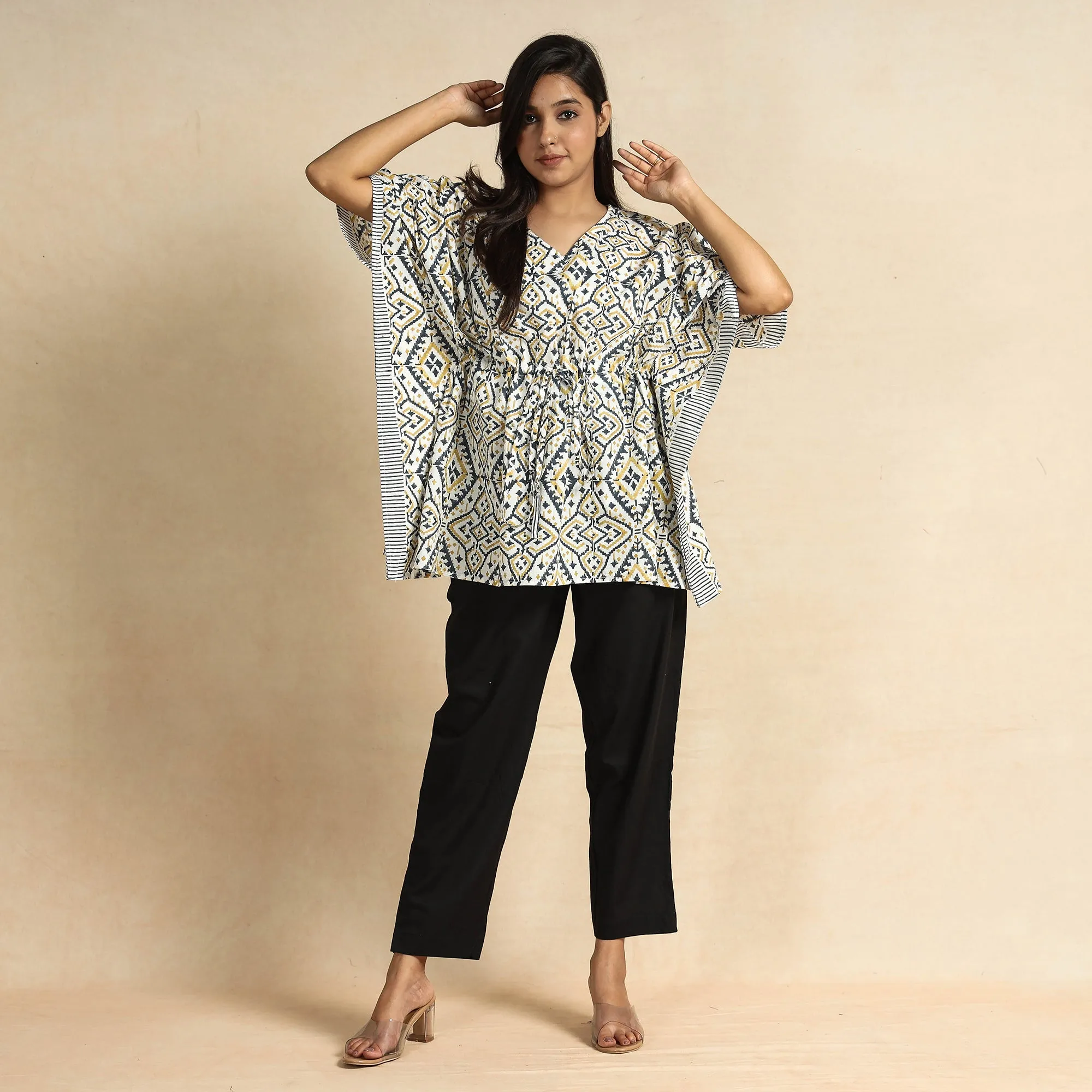 White - Sanganeri Block Printed Cotton Kaftan & Pyjama Night Suit Set