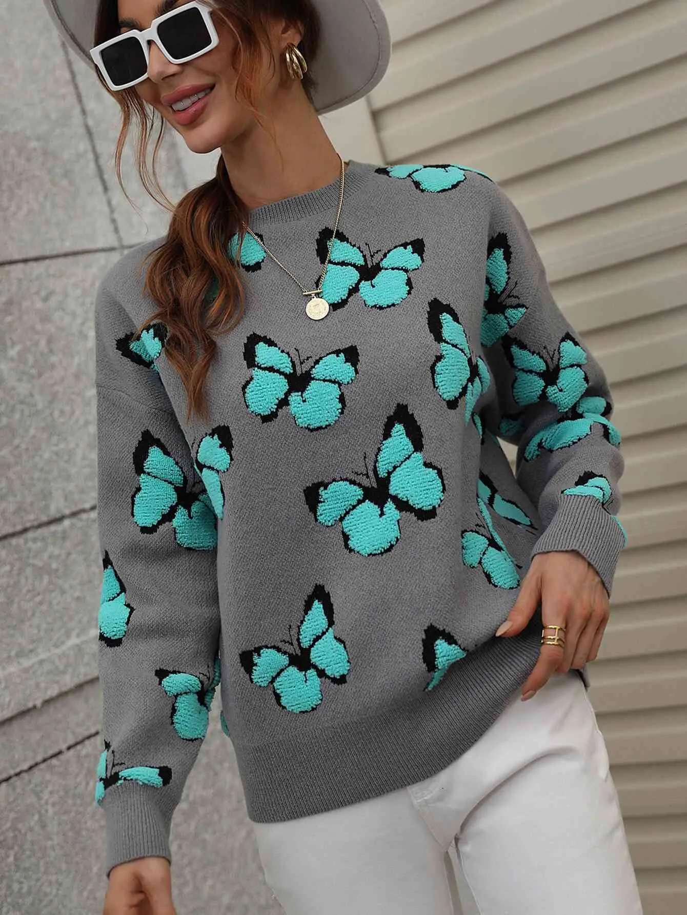 Woven Right Butterfly Dropped Shoulder Crewneck Sweater