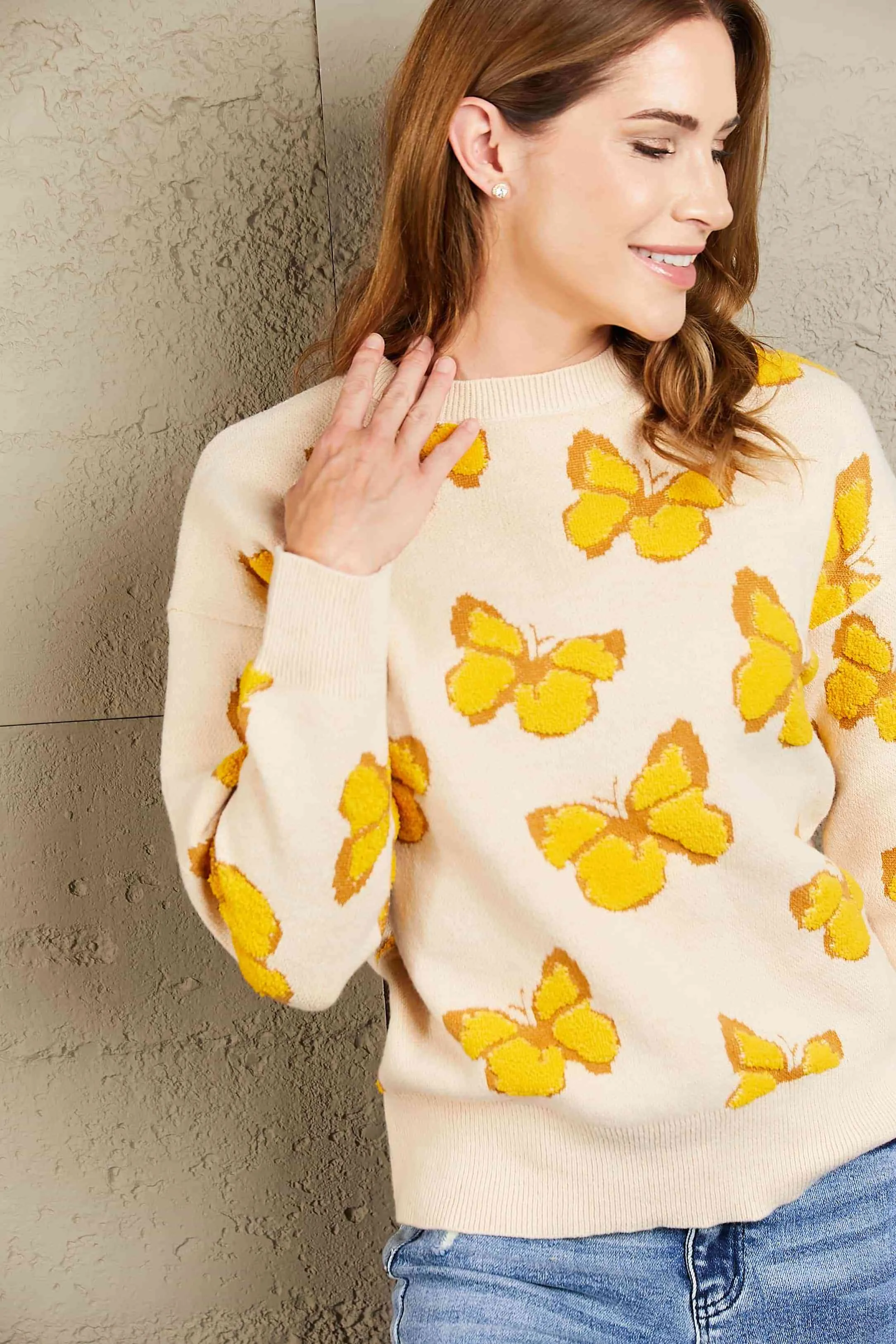 Woven Right Butterfly Dropped Shoulder Crewneck Sweater